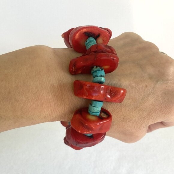 VTG Southwest Chunky Red Coral & Heishi Turquoise Beaded Bracelet Fits 7" Wrist - Picture 9 of 16